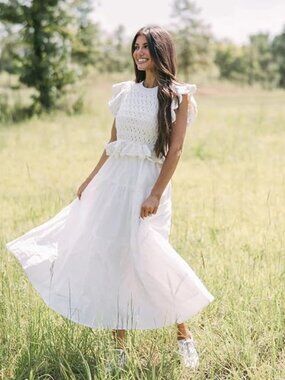 Causal Ruffle Sleeve Crochet Knit Tops Long Dress